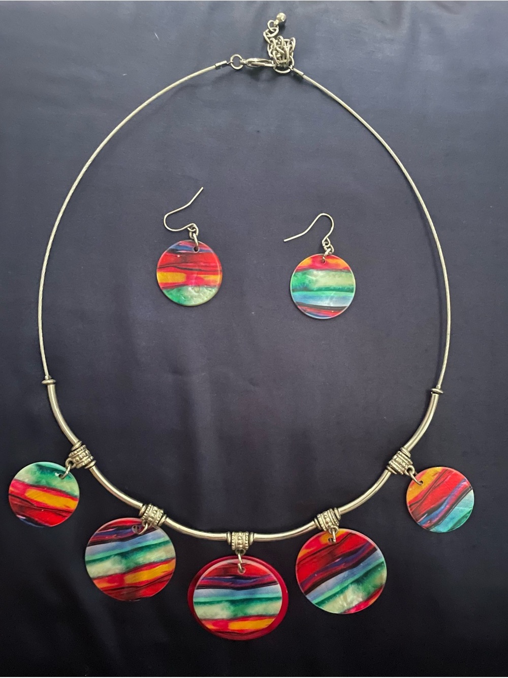Multicolor Striped Disc Necklace & Earring Set - Vibrant Rainbow Jewelry